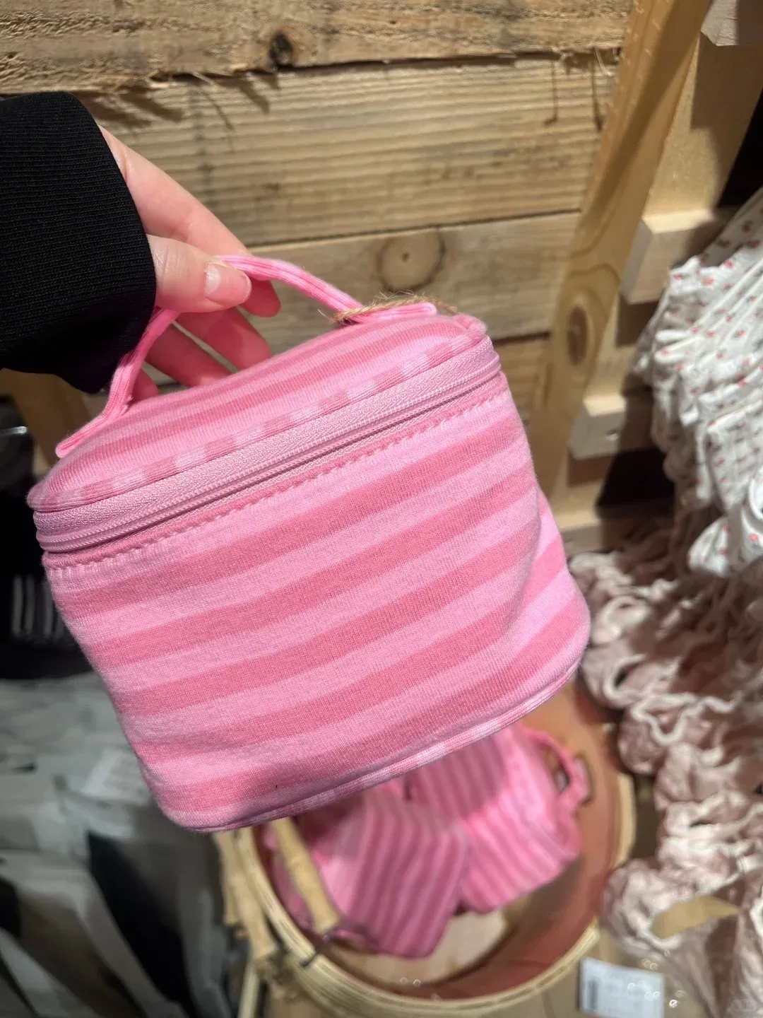 trousse de maquillage rose rayée effet miroir pour femme, sac de voyage cosmétique portable à fermeture éclair, organisateur de voyage mignon et doux pour filles, pochette de toilette