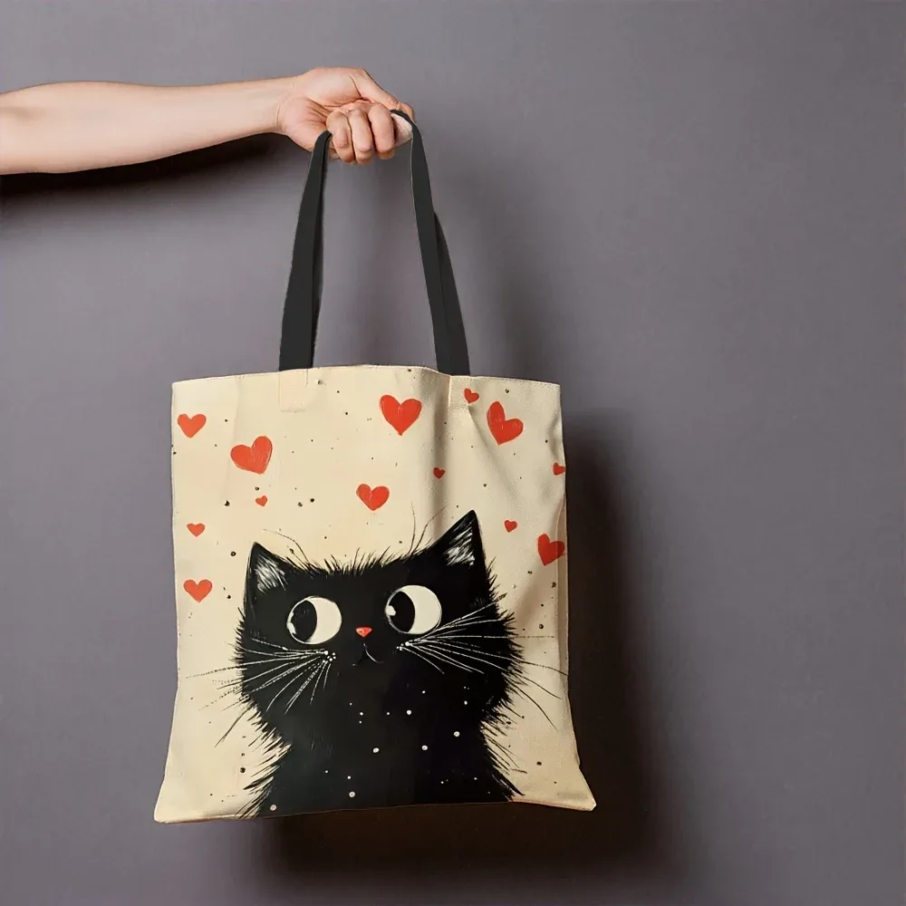 sac fourre-tout en polyester de grande capacité, sac à bandoulière rectangulaire avec imprimés de chat noir et de cœur, durable pour le shopping, 1 pièce