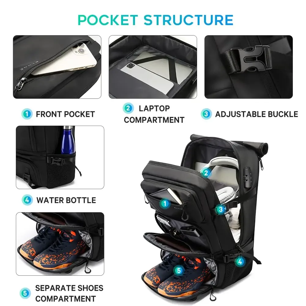 sac à dos pour ordinateur portable 2-en-1 bange avec sac bandoulière détachable, sac de voyage professionnel multi-usage en tissu oxford hydrofuge avec poche à chaussures