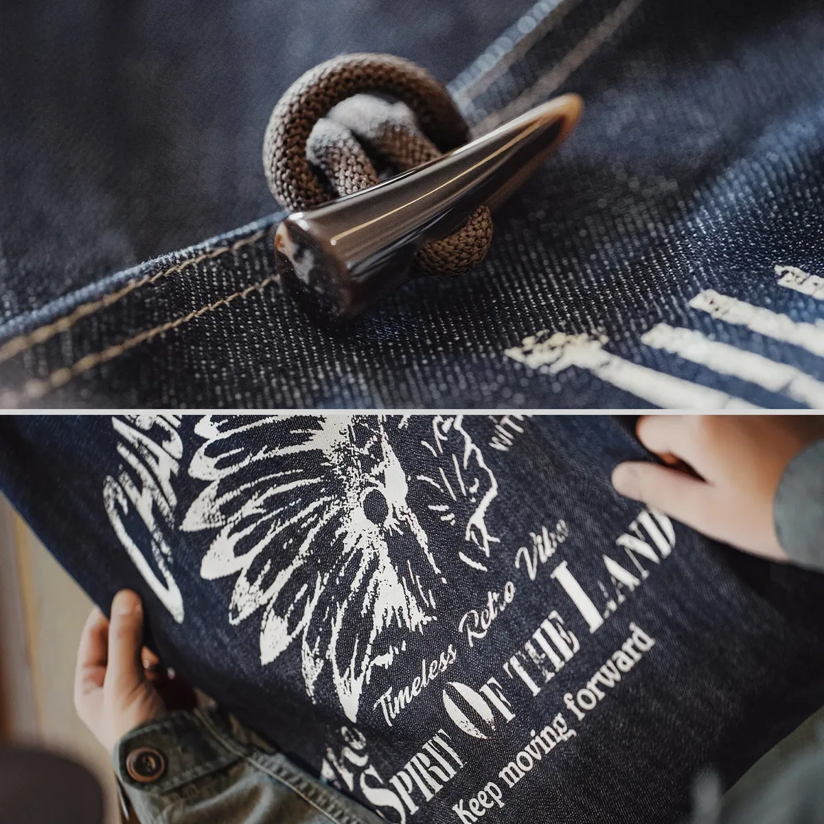 maden sac fourre-tout en denim vintage pour femme grand sac à main à bandoulière décontracté imprimé totem indien sac de transport quotidien bleu délavé à bascule