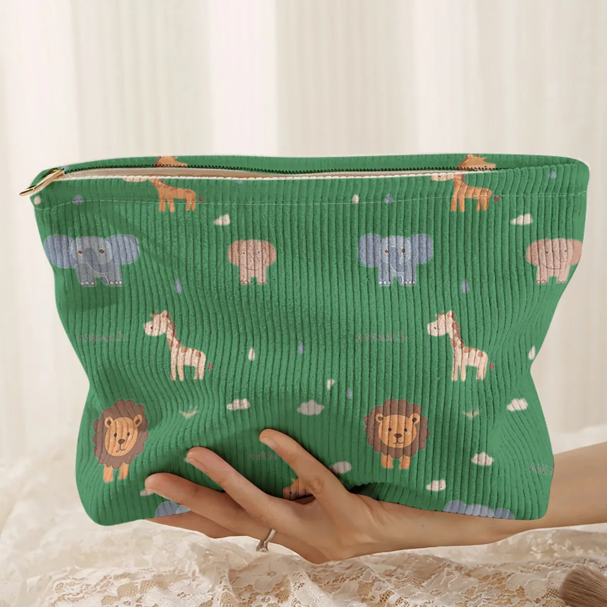 1. trousse de maquillage en velours côtelé à motifs animaliers, boîte de rangement légère à fermeture éclair, sac multifonctionnel avec doublure