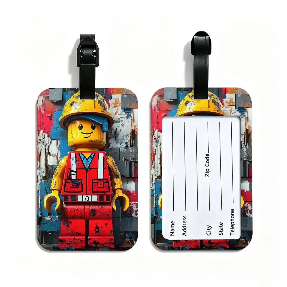 étiquette de valise en pvc anti-perte l-legos avec carte d'information, motif de dessins animés représentant diverses professions, identifiant de bagages léger pour les voyages quotidiens.