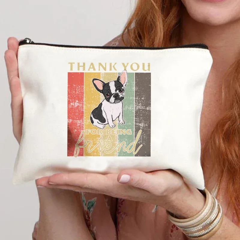 trousse de maquillage en toile pour femme, trousse de toilette, valise professionnelle, impression de dessin animé, bouledogue français, drôle