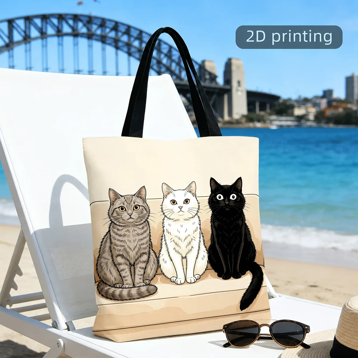 sac fourre-tout esthétique pour amoureux des chats, motif de trois chats sur un canapé, motif de dessin animé, sac à main en toile réutilisable de grande capacité pour femmes