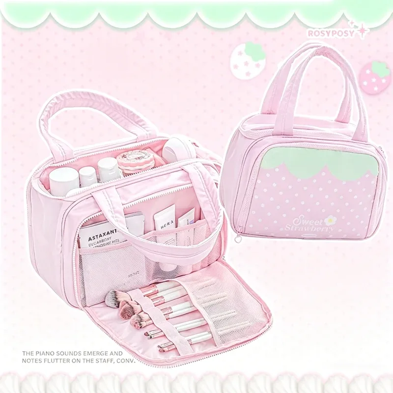 Grande trousse de maquillage compartimentée, motif fraises et notes musicales, sac à main portable multi-couches pour voyage et toilette