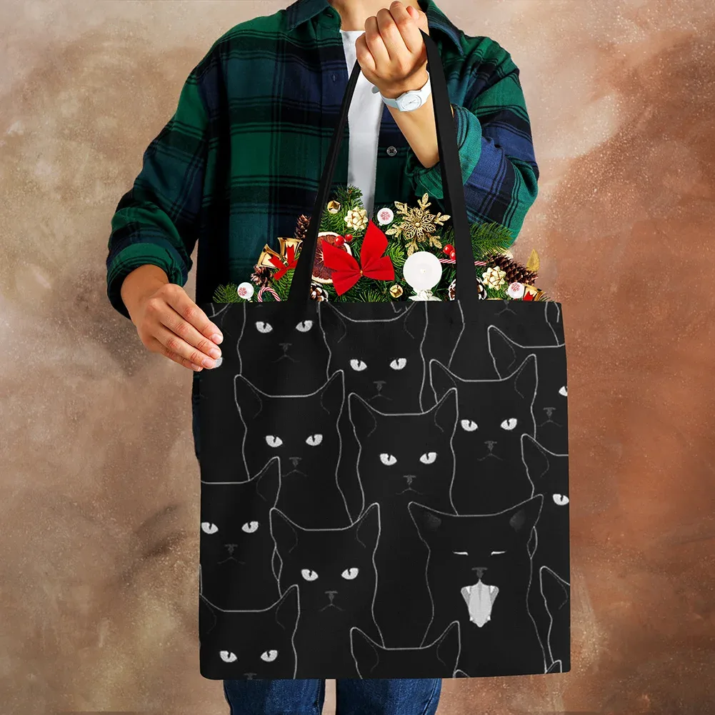 sacs fourre-tout de styliste pour femmes, sac à main écologique en tissu de lin imprimé chat noir sumi, sac à bandoulière réutilisable pour le bureau et le shopping