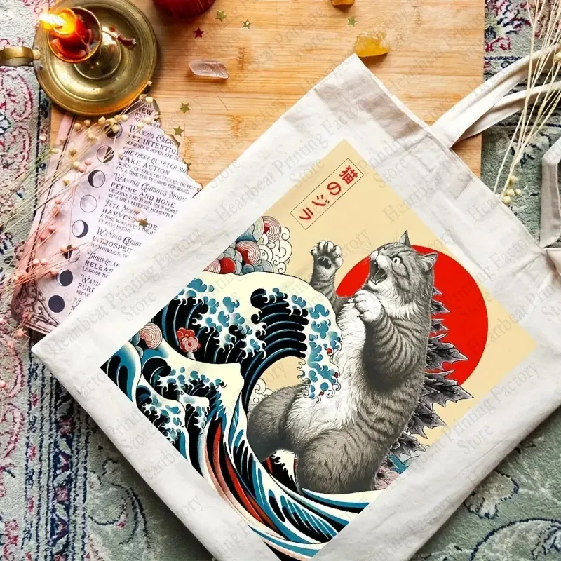 catzilla chat art japonais drôle chat cadeaux modèle sac fourre-tout toile sacs à bandoulière femmes sacs à provisions réutilisables meilleur cadeau