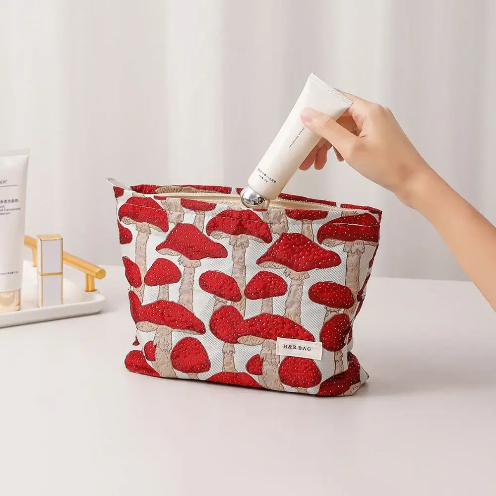 pochette de maquillage artistique en toile, taille m/l, motif champignon rouge, sac de rangement, porte-monnaie, porte-clés, cadeau