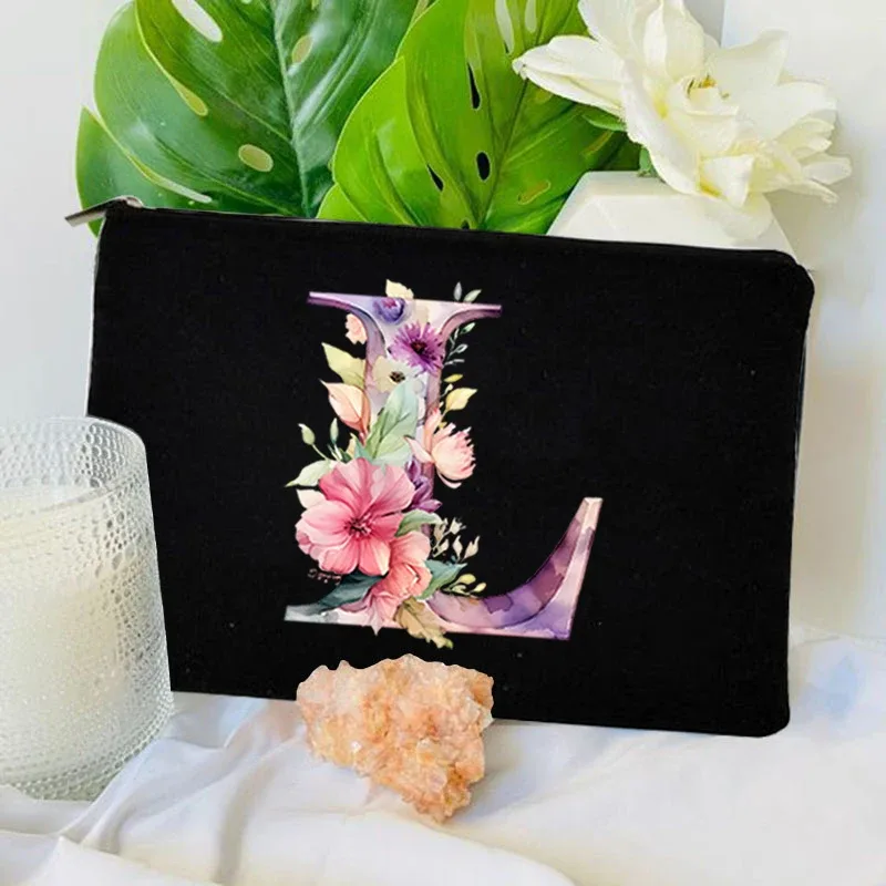 trousse toilette toile noire initiale fleurs maquillage femmes voyage sac cosmétiques intérieur uni poignée glissière