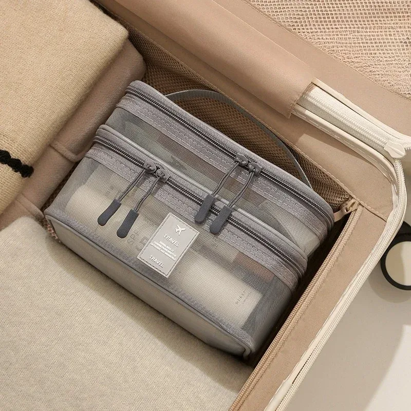nouvelle trousse de toilette en maille, trousse de maquillage de voyage grande capacité à 3 couches, sac de rangement portable pour voyages d'affaires zy524