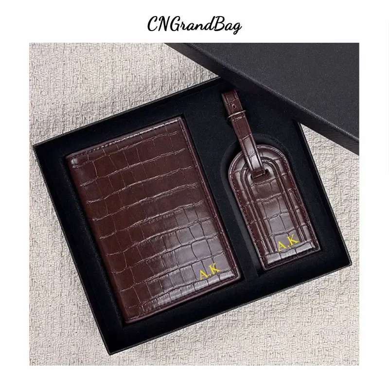 coffret cadeau personnalisé avec initiales, porte-passeport en cuir de crocodile, étiquette à bagages, housse de passeport, accessoires de voyage