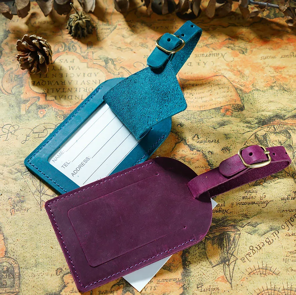 étiquette de bagage en cuir de cheval véritable elin, étiquette de valise vintage, étiquette d'embarquement de bagages, porte-adresse d'identification, étiquette de voyage