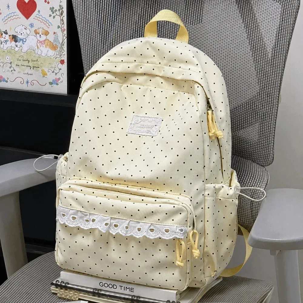 sac à dos de voyage mignon à pois, grande capacité, en nylon, pour étudiants, avec dentelle, multi-poches, sac à dos pour ordinateur portable