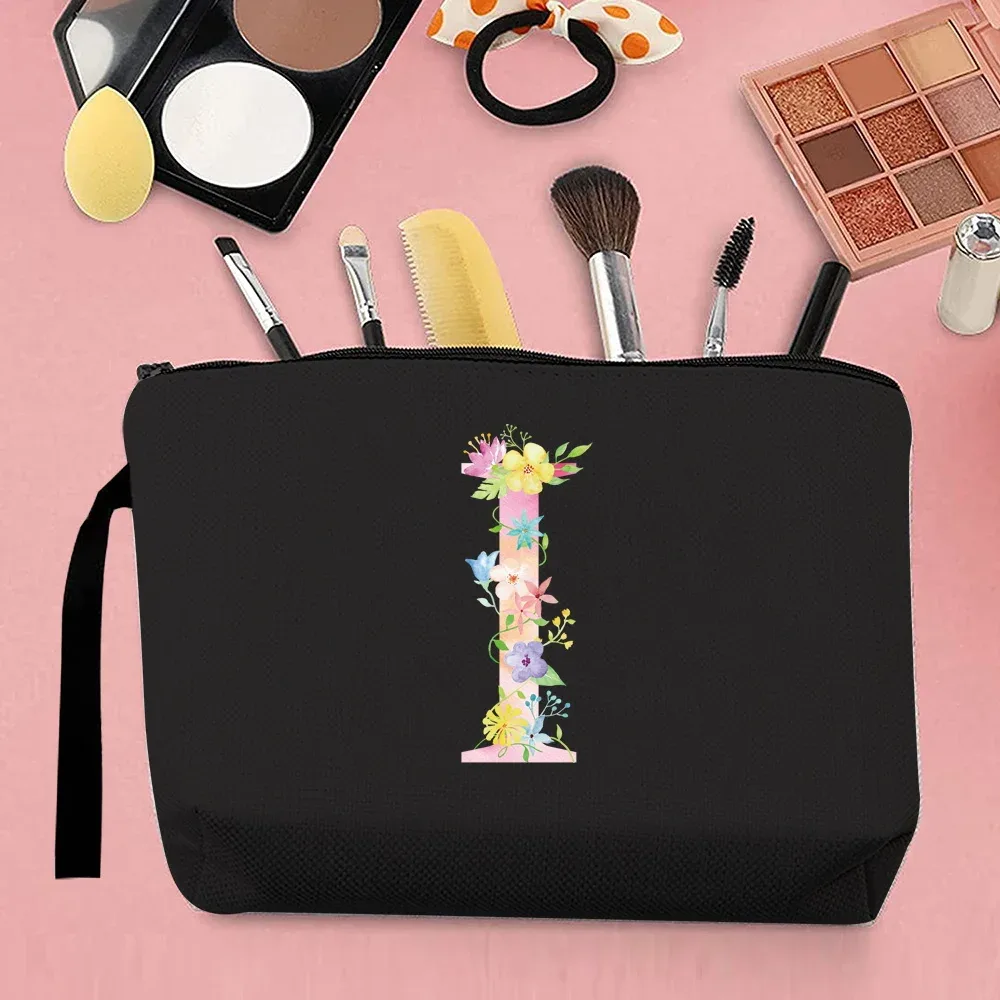trousse de maquillage pour femmes, trousse de maquillage portable, trousse de maquillage de voyage pratique, sac à main en toile, motif de lettres roses, organisateur de bijoux