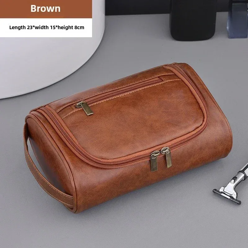 sac de lavage en cuir pour hommes, sac de voyage, voyages d'affaires, sac à cosmétiques portable, grande capacité, conception multi-poches, sac de lavage en cuir
