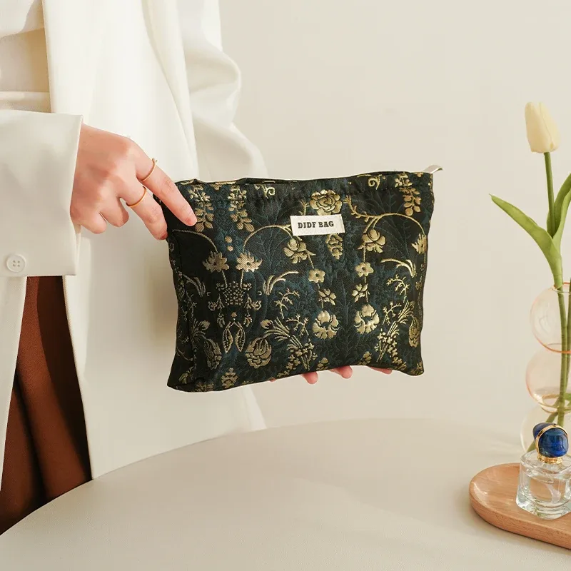 trousse de maquillage pour femmes, imprimé noble, fleurs dorées, grande capacité, rouge à lèvres, coussin d'air, sac de rangement, trousse de toilette de voyage portable