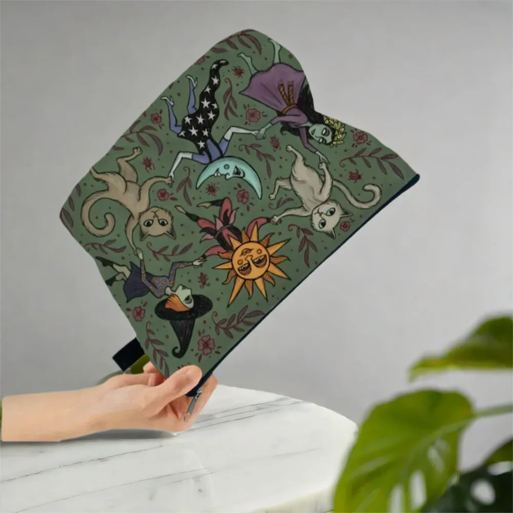 Trousse Polyester Fantaisiste Chats Sorcière Soleil Lune Vert Étudiante Cosmétique Maquillage Stylos Rangement Voyage