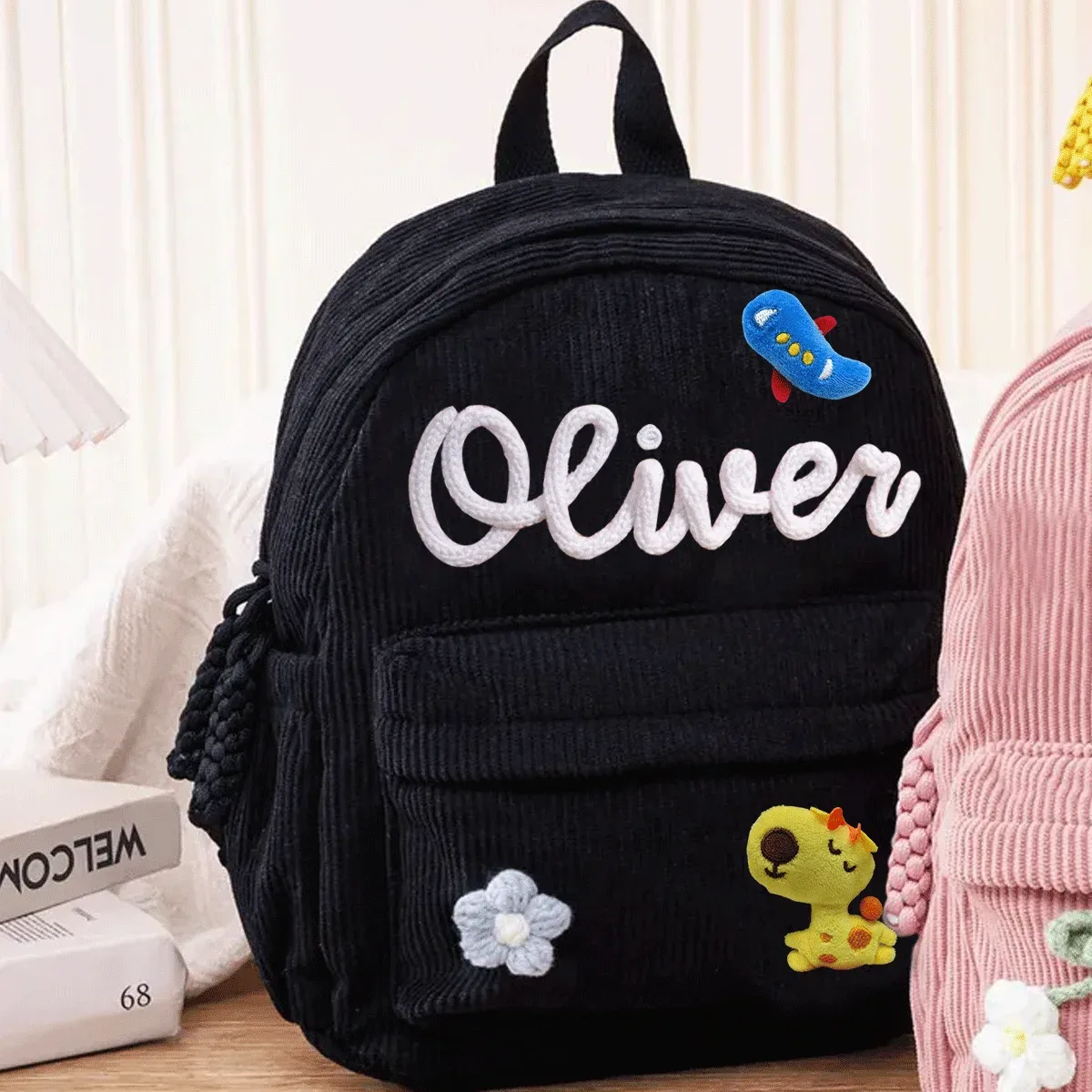 sacs à dos personnalisés en velours côtelé – sacs à dos brodés sur mesure, décorations florales/animalières, styles parent-enfant, sac pour sœur/frère