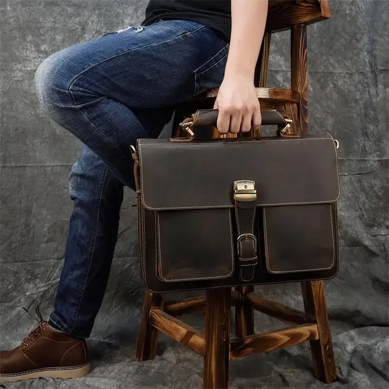 sac d'ordinateur en cuir de vachette véritable pour homme, sac pour ordinateur portable, étui à bombes, 100% cuir véritable, mode vintage, luxe, 15.6"