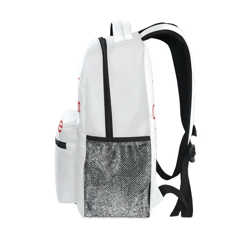 sac dos polyestere blanc bandes noires poche zippée maille graphique structure rigide voyage école