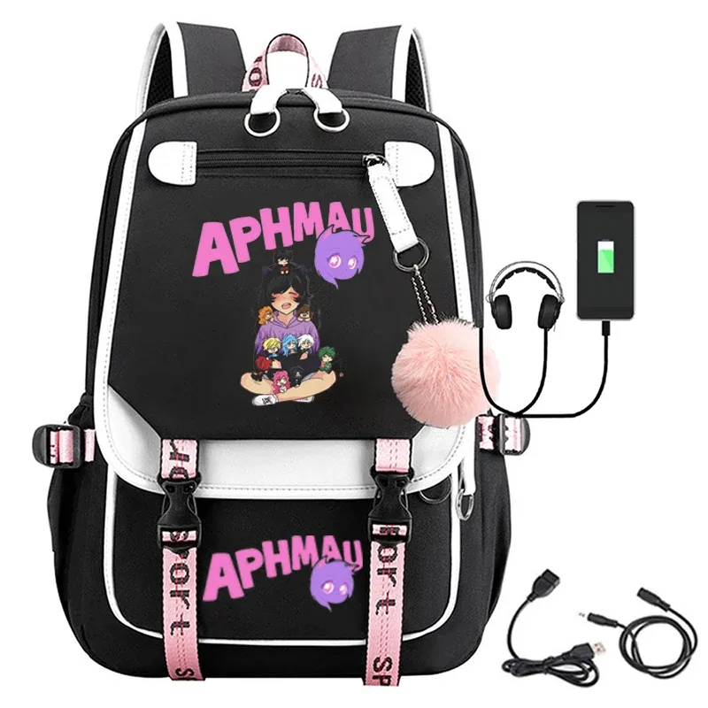 sac dos toile noire broderie fille chat bleu texte aphmau rose bandes latérales cuir sport poche rabat décontracté