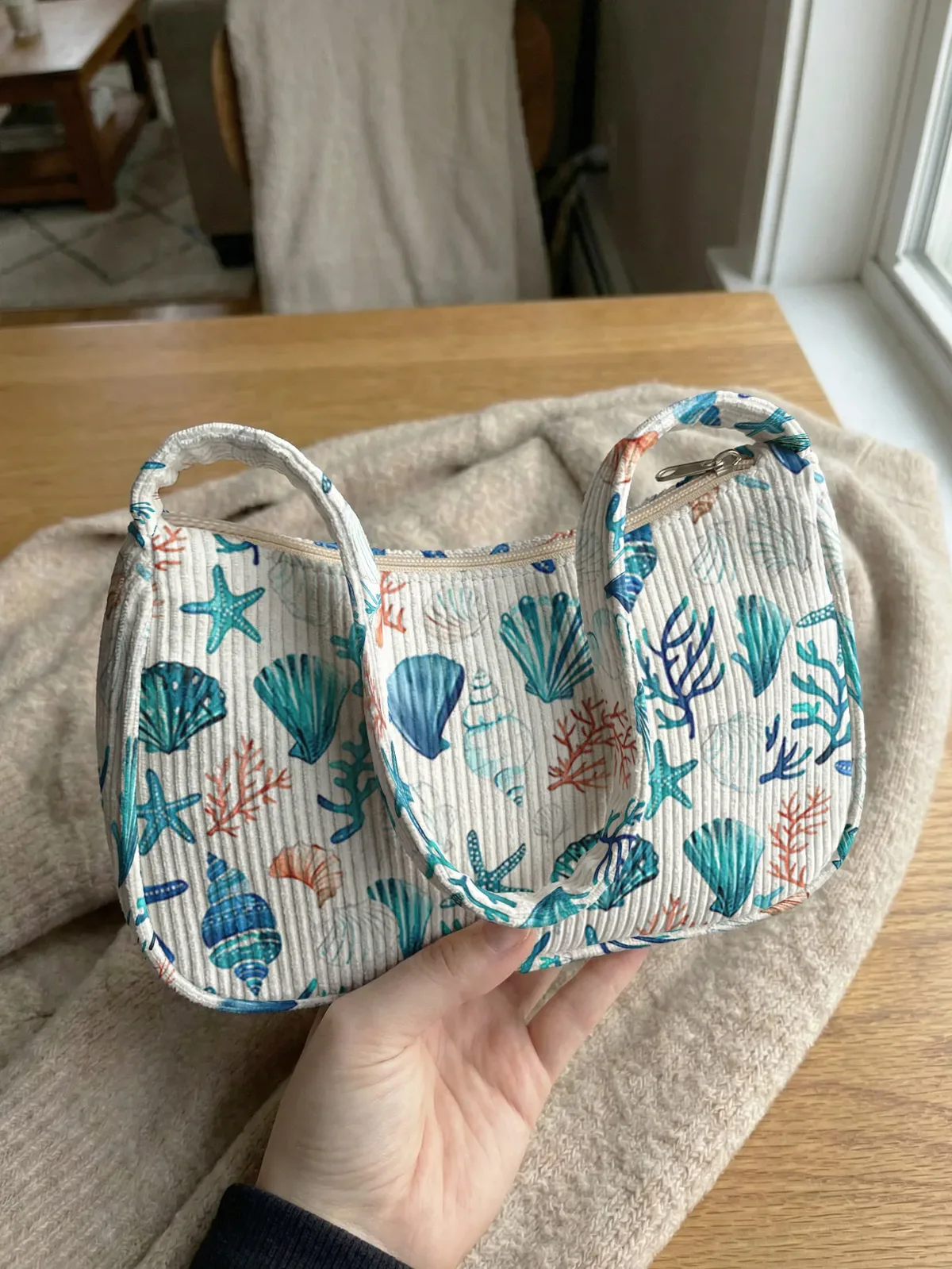 Sac à bandoulière tendance à imprimé océan, sac sous le bras en velours côtelé pour un usage quotidien décontracté