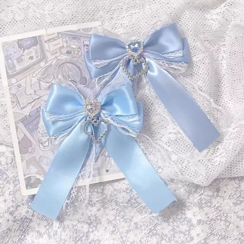 1/2pcs kit de nœuds en ruban à faire soi-même, double couche, avec pendentif en forme de cœur brillant, style lolita, pour sac à dos, avec clip en forme de cœur et diamant