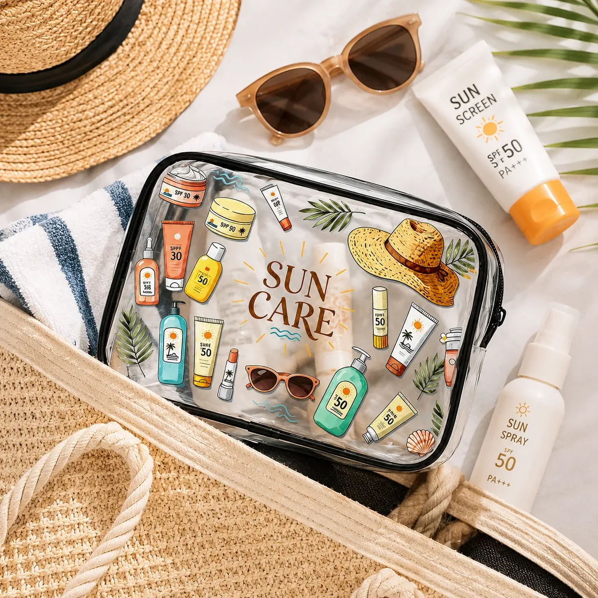 trousse de toilette transparente en pvc pour soins solaires, pochette de rangement étanche pour maquillage de voyage, idéale pour la plage, la crème solaire et les soins de la peau