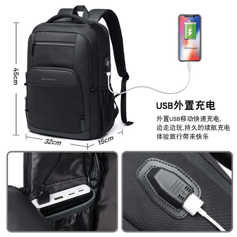 sac dos oxford université noir poches latérales port usb polyester intérieur informatique étanche bandoulière arquée jacquard style décontracté