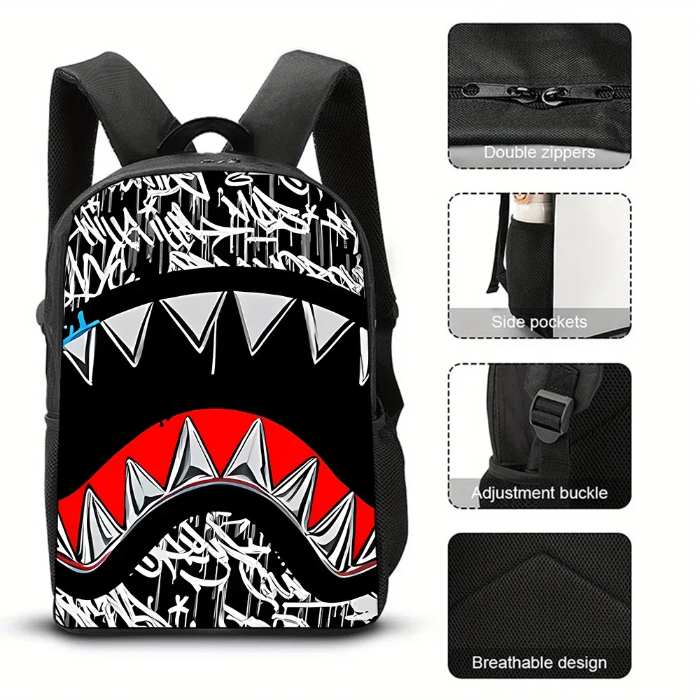 sac à dos tendance avec motif requin, imprimé graffiti et dessin animé, léger et décontracté pour étudiants et voyages