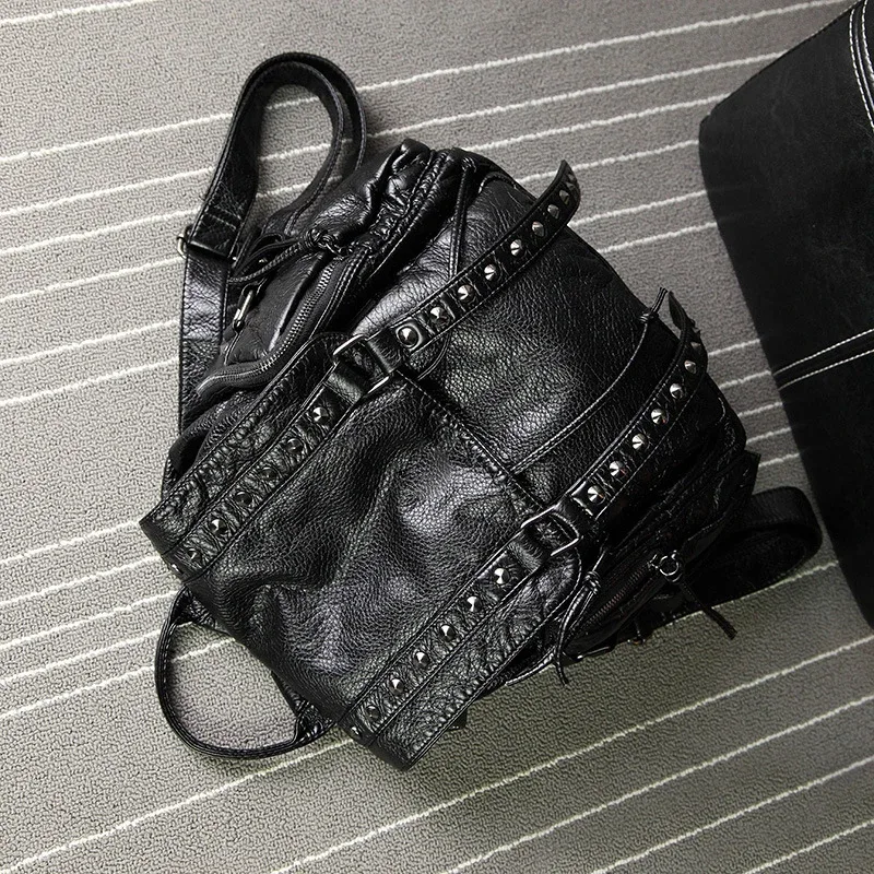 2022 new rivet designer backpacks women genuine sheep leather backpacks punk lady girl big travel bags gothic student school bag