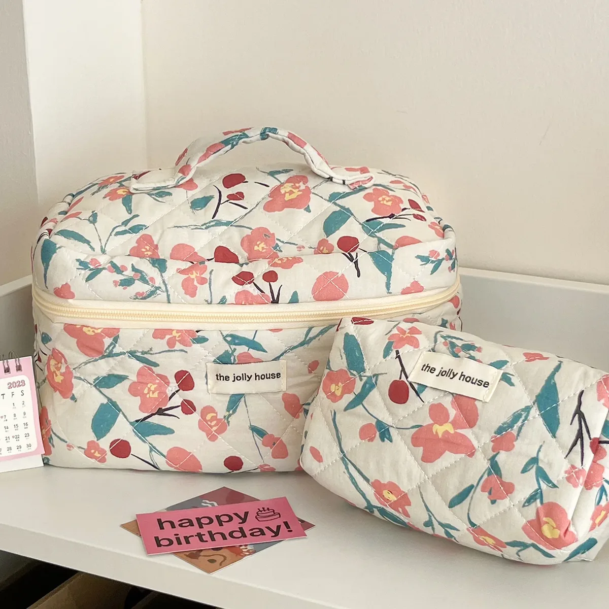organisateur voyage polyester fleur rose feuille verte fruit rouge décoration floral sac rectangulaire fermeture glissière
