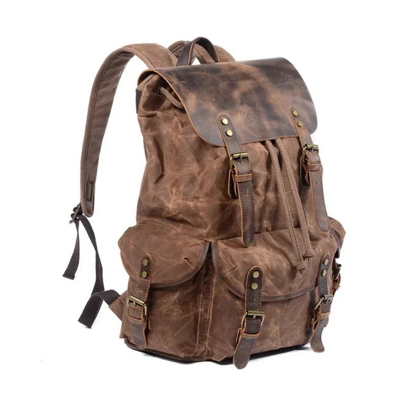 sac à dos nesitu en cuir véritable et toile cirée, pour ordinateur portable a4, coloris kaki, noir, gris, vert, pour hommes et femmes, idéal pour la randonnée et les voyages, sac de sport m6105