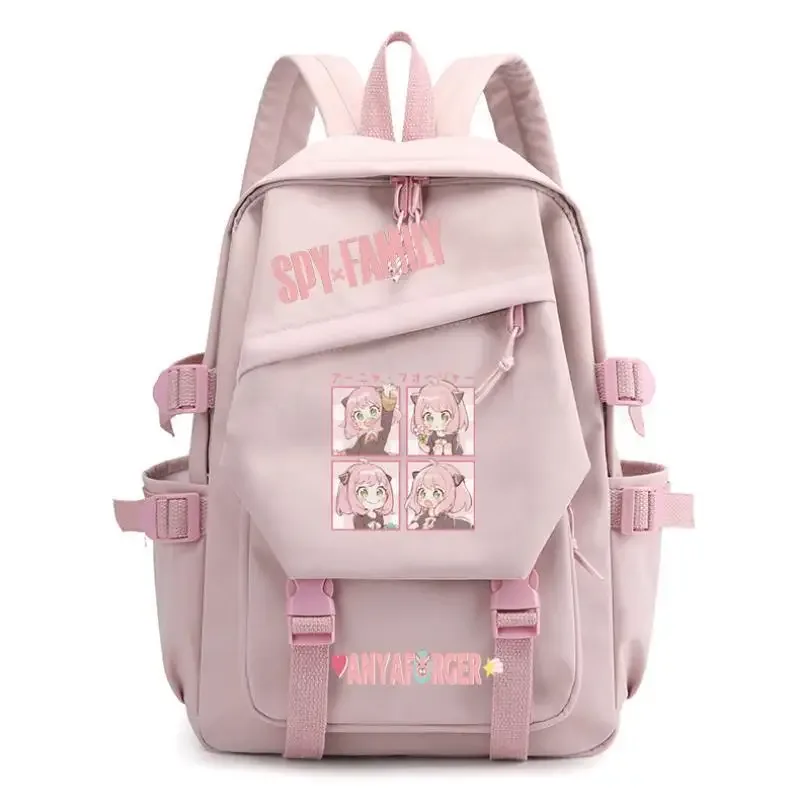 sac dos toile gris accents roses motif dessin animé personnage joyeux poche principale poche latérales fermeture éclair maille résine voyage décontracté