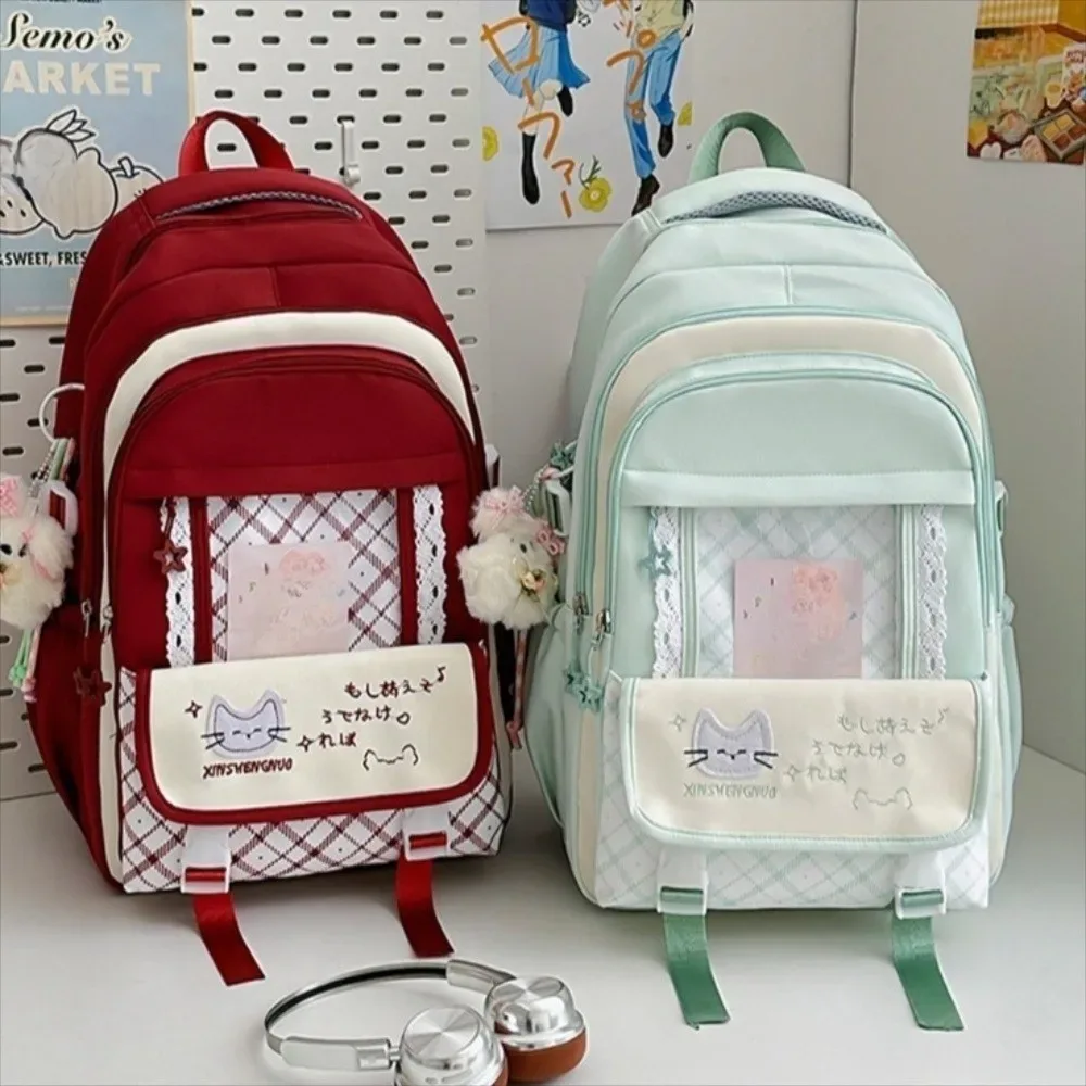 sac à dos en nylon ajouré color-block, grande capacité, mignon, style preppy, transparent, à motif chat et écossais, pour l'école et le shopping