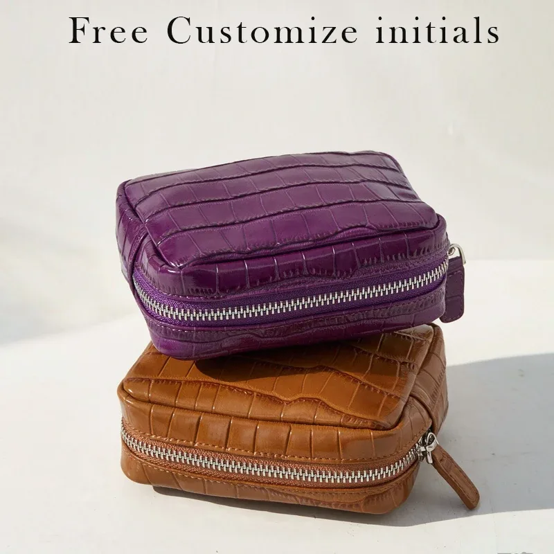 personnaliser les initiales en cuir véritable motif crocodile pochette mini boîte sacs de maquillage pour les femmes de luxe concepteur 2026 nouveau en cuir de vache naturel voyage affaires organisateur sac