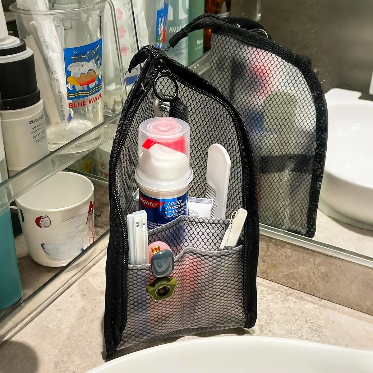 trousse de toilette en maille sur pied pour femmes, organisateur de maquillage portable, étui de voyage imperméable pour brosse à dents, pochette de beauté