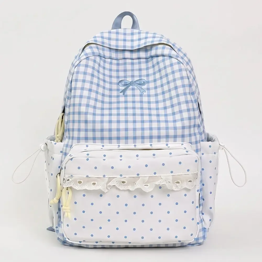 sac à dos mignon à pois avec nœud et garniture en dentelle à carreaux, durable, design nœud, pour étudiants et trajets quotidiens