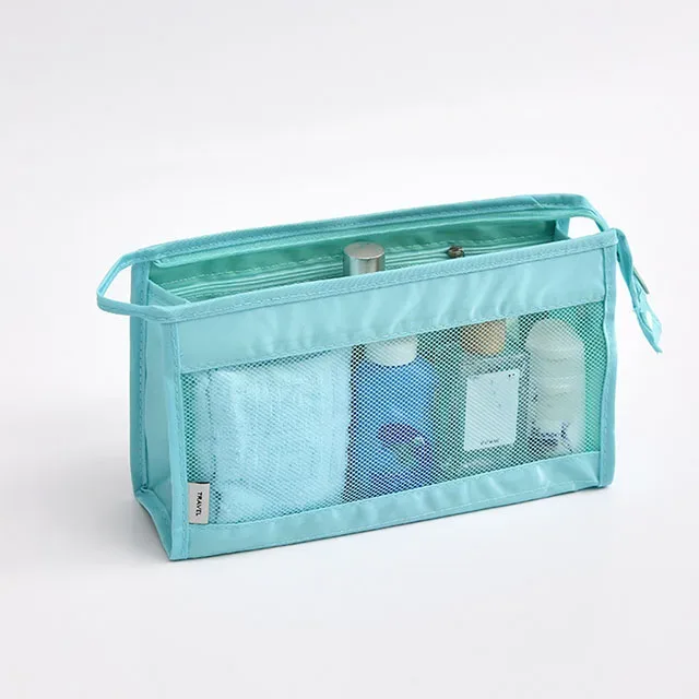 sac de voyage léger et respirant en maille pour femme, trousse de toilette portable transparente pour maquillage et soins de la peau