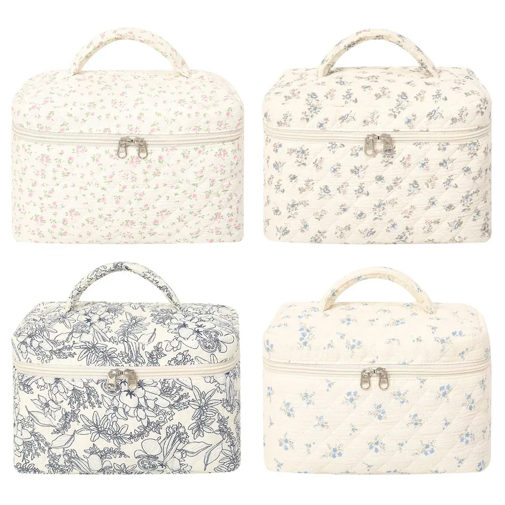sac de maquillage à main avec nom brodé personnalisé, sac de rangement portable en coton floral de grande capacité, sac à cosmétiques de voyage en plein air