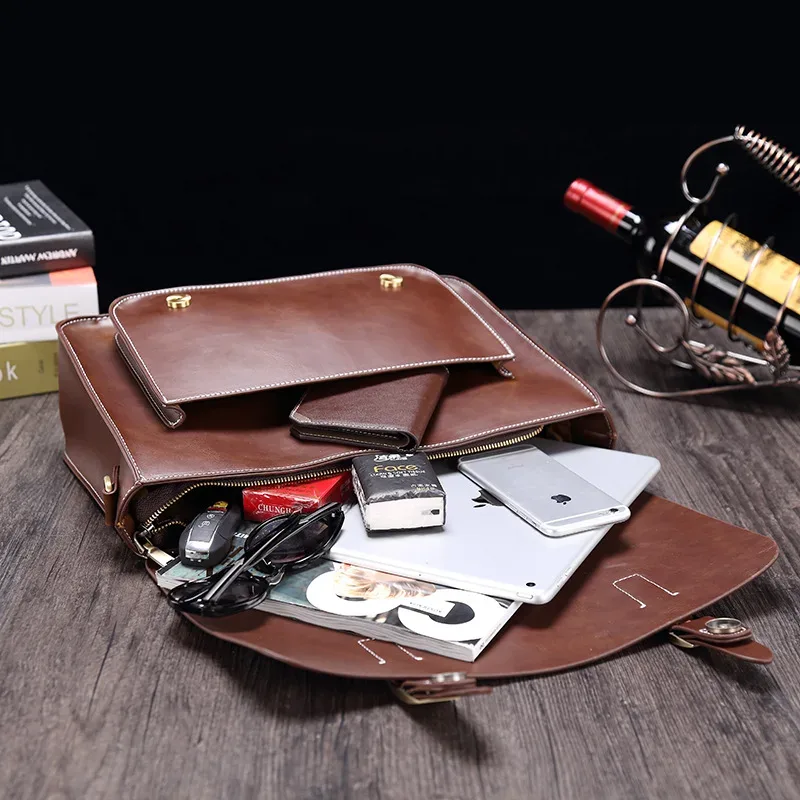 porte-documents pour hommes crazy horse en cuir pu vintage étudiant sacoche école bureau fourre-tout sac à main épaule affaires épaule sac pour femmes
