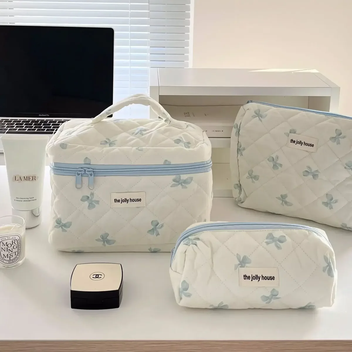 sac de maquillage coréen imprimé nœud pour femmes, trousse à cosmétiques portable de grande capacité pour articles de toilette de voyage, sac de rangement de cosmétiques