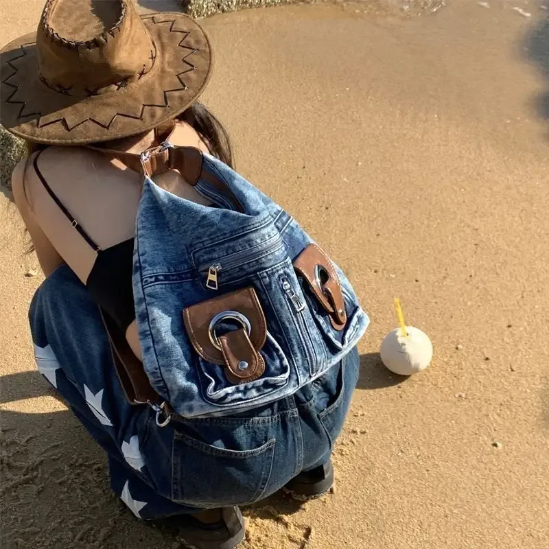 un sac à dos polyvalent pour femmes, grand sac de niche, aspect haut de gamme, grande capacité, sac à dos en denim le plus vendu