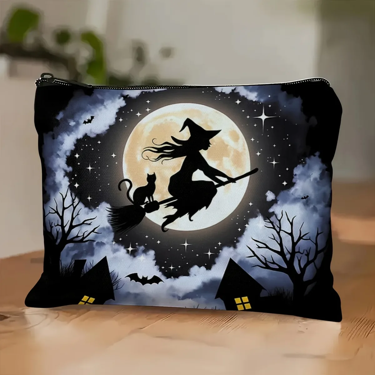 trousse de maquillage forêt enchantée sorcière et chat pleine lune – pochette cosmétique thème halloween effrayant avec chauves-souris, étoiles et motif pleine lune