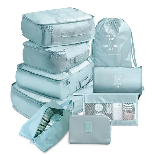 organisateur voyage polyester beige clair tissu imperméable poches maille transparente fermetures glissière poignées intégrées grande taille