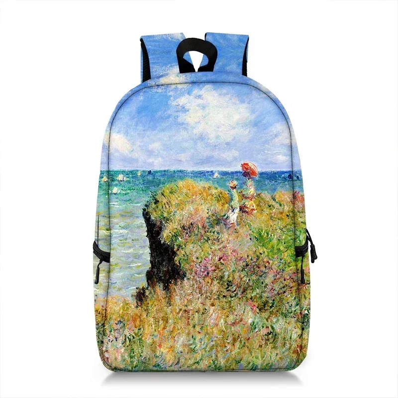 sac à dos peinture à l'huile de claude monet gustability klimt van gogh, cartable de nuit étoilée, baiser de tournesol, cartable de voyage pour femme