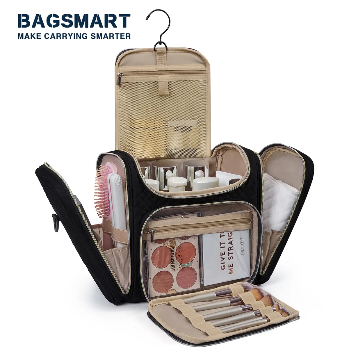 trousse toilette cosmétique pvc noir doré grande capacité organisateur voyage compartiments séparés humidificateur maquillage