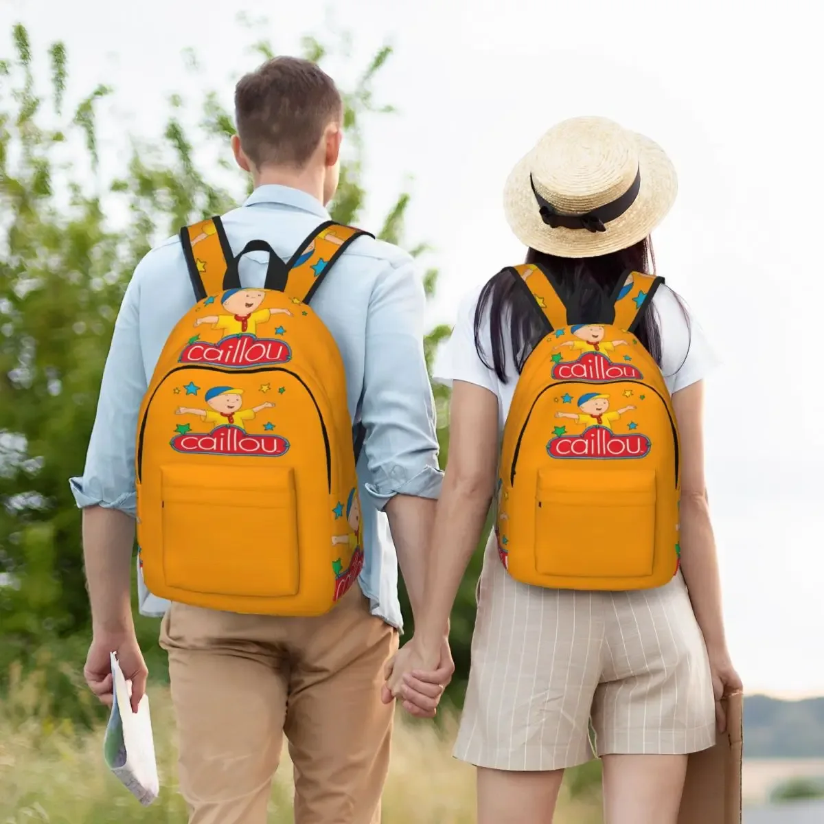 sac dos toile orange personnage caillou poche avant latérale ajustable grande capacité polyester unisexe voyage familial