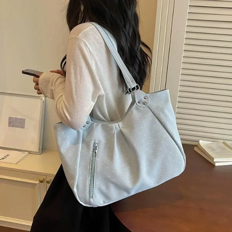 sac à bandoulière vintage grande capacité pour femme coréenne, motif pois, fourre-tout mignon avec fermeture éclair, sac à main décontracté pour l'école, le shopping et le travail