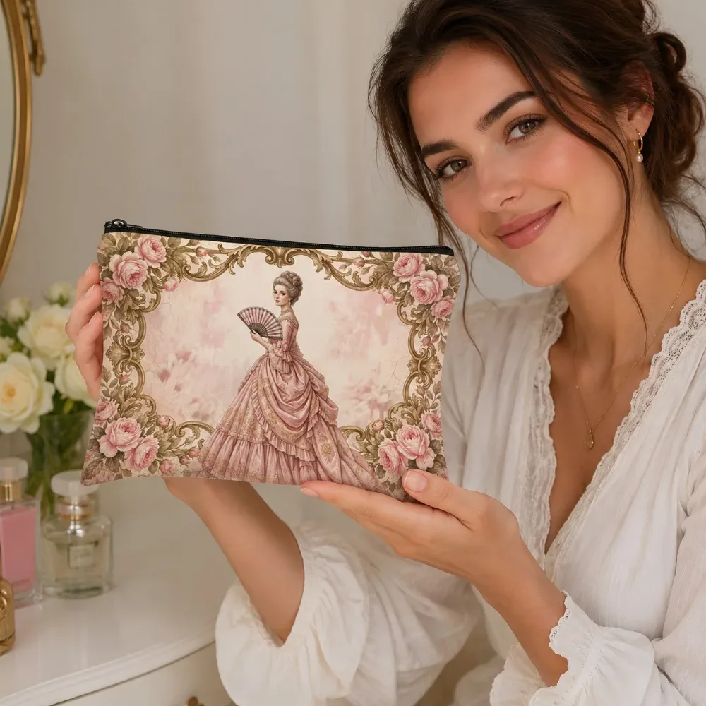 pochette cosmétique vintage rococo pour femme, imprimée en 2d sur toile, pochette à fermeture éclair, cadre rose victorien, sac de maquillage portable de voyage